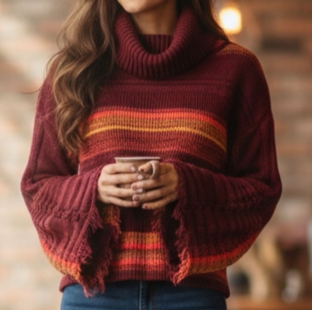 Free People Burgundy and Orange Cowl Neck Sweater